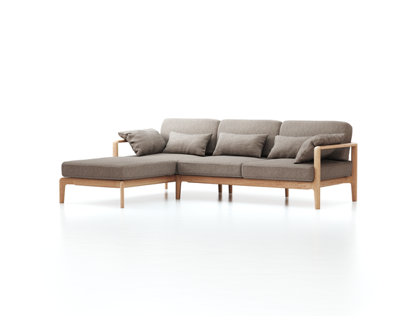 Loungesofa Linera, schmal mit Liegeteil links, Wollstoff Tano Natur (79), Eiche