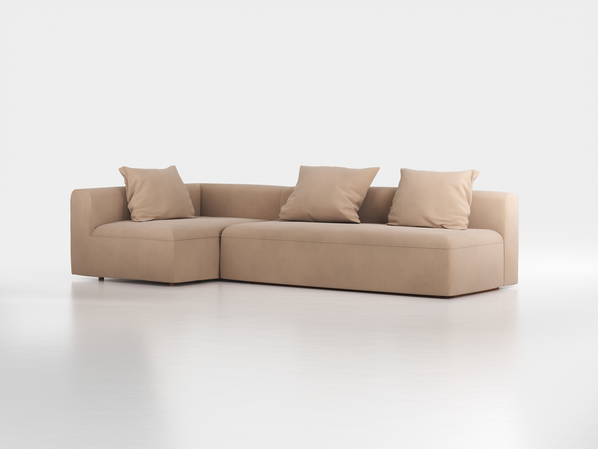 Ecksofa Sereno mit Schlaffunktion inkl. 3 Kissen (70x55 cm), Bodennah, B 300 x T 150 cm, Eckteil links, mit Bezug Wollstoff Elverum Haselnuss (74), Buche