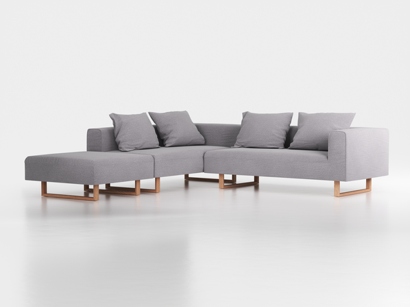 Ecksofa Sereno, 276 x 276 cm, inkl. 4 Kissen (70 x 55 cm), Liegeteil links, Kufenfuß, mit Bezug Wollstoff Kaland Kiesel (68), Eiche