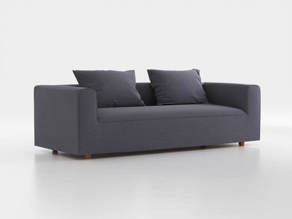 3er-Sofa Sereno B 235 x T 96 cm, inkl. 2 Kissen (70x55 cm), Bodennah, mit Bezug Wollstoff Elverum Torfblau (82), Buche