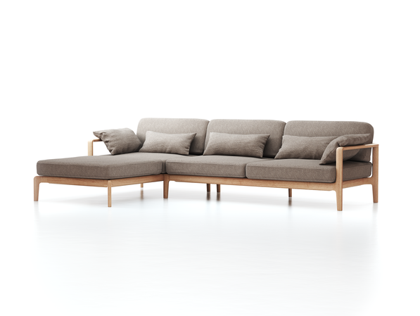 Loungesofa Linera, breit mit Liegeteil links, Wollstoff Tano Natur (79), Eiche