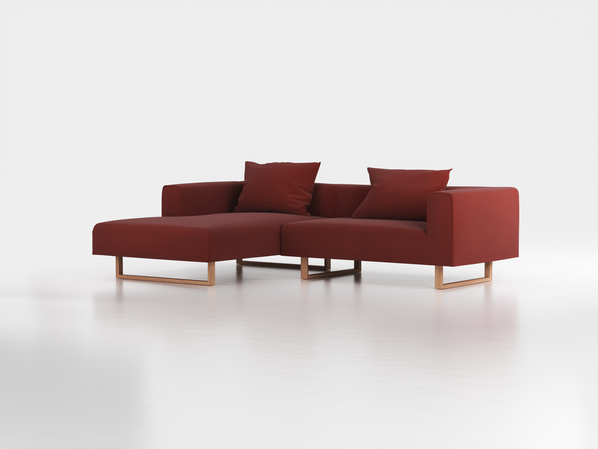 Lounge-Sofa Sereno inkl. 2 Kissen (70x55 cm), B 267 x T 180 cm, Liegeteil links, Kufenfuß, mit Bezug Wollstoff Kaland Ziegel (72), Eiche