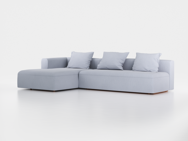 Lounge-Sofa Sereno mit Schlaffunktion inkl. 3 Kissen (70x55 cm), B 320,5 x T 180 cm, Bodennah, Liegeteil links, mit Bezug Wollstoff Elverum Blaugrau (83), Buche