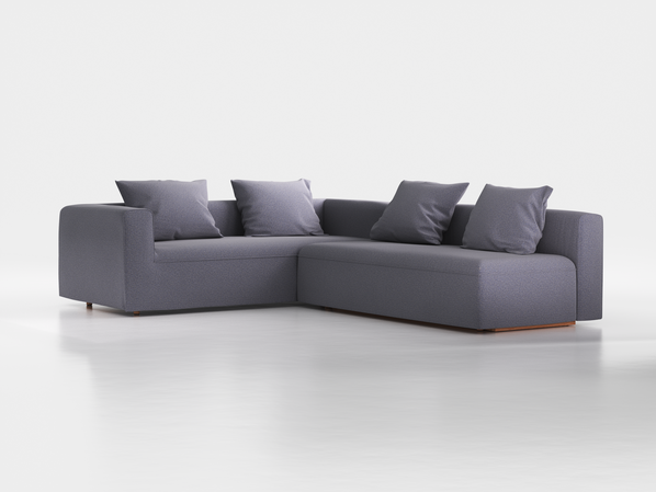 Ecksofa Sereno mit Schlaffunktion inkl. 4 Kissen (70x55 cm), B 300 x T 235 cm, Bodennah, Eckteil links, mit Bezug Wollstoff Elverum Torfblau (82), Buche