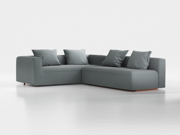 Ecksofa Sereno mit Schlaffunktion inkl. 4 Kissen (70x55 cm), B 300 x T 235 cm, Bodennah, Eckteil links, mit Bezug Wollstoff Elverum Grüngrau (84), Buche