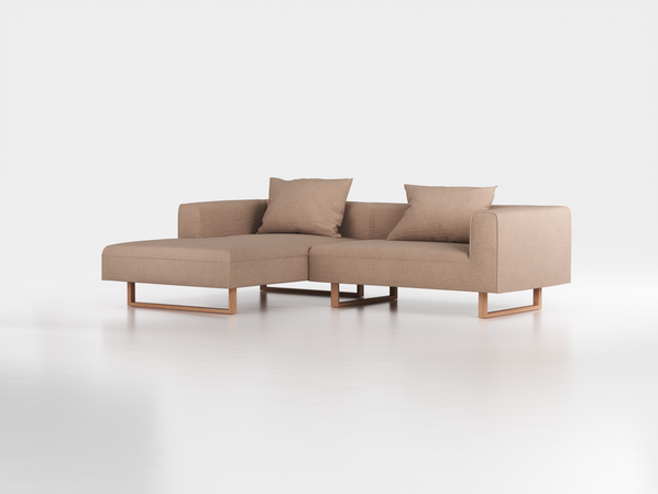 Lounge-Sofa Sereno inkl. 2 Kissen (70x55 cm), B 267 x T 180 cm, Liegeteil links, Kufenfuß, mit Bezug Wollstoff Stavang Sand (66), Eiche