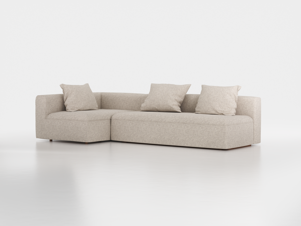 Ecksofa Sereno mit Schlaffunktion inkl. 3 Kissen (70x55 cm), Bodennah, B 300 x T 150 cm, Eckteil links, mit Bezug Wollstoff Tano Natur Hell (80), Buche