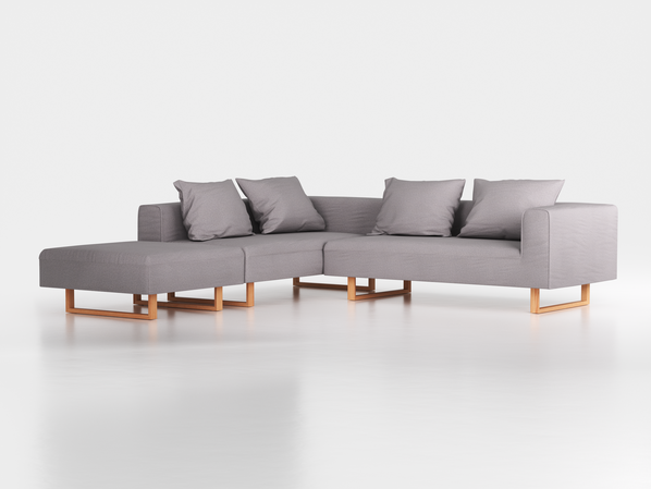 Ecksofa Sereno, 276 x 276 cm, inkl. 4 Kissen (70 x 55 cm), Liegeteil links, Kufenfuß, mit Bezug Wollstoff Stavang Kiesel (62), Buche