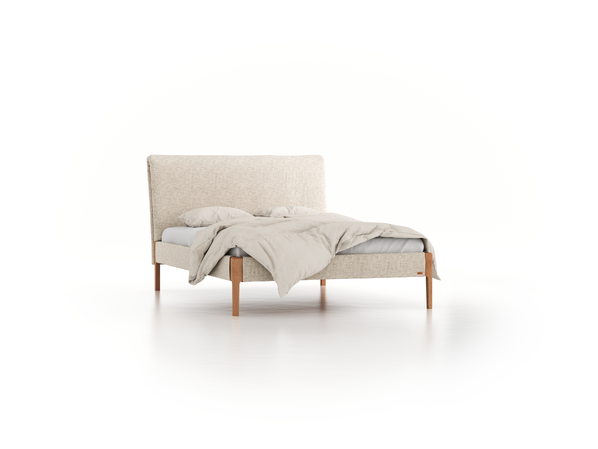Bett Lorea mit Polsterbetthaupt, 140 x 200 cm, Wollstoff Tano Natur Hell (80), Eiche