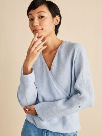 Bluse Wickeloptik, mini leinen streifen blau