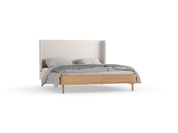Bett Tonda, mit hohem Polsterbetthaupt, 180 x 200, Wollstoff Tano Natur Hell (80), Buche