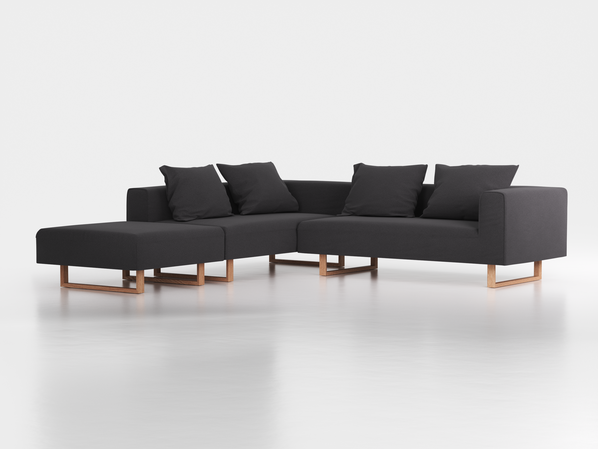 Ecksofa Sereno, 276 x 276 cm, inkl. 4 Kissen (70 x 55 cm), Liegeteil links, Kufenfuß, mit Bezug Wollstoff Kaland Schiefer (67), Eiche