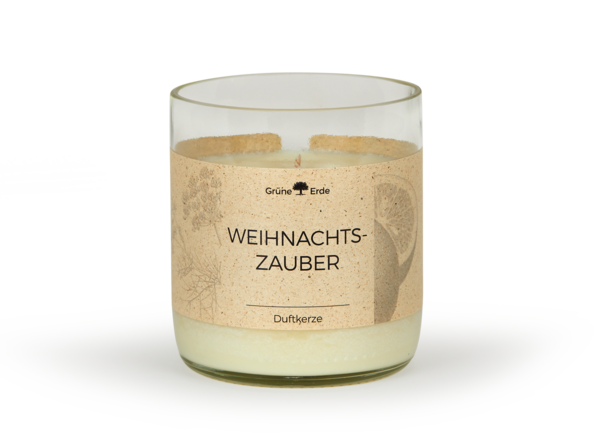 Natürliche Rapswachskerze WEIHNACHTSZAUBER in einer rezyklierten Glasflasche, 100 % natürliches Rapswachs