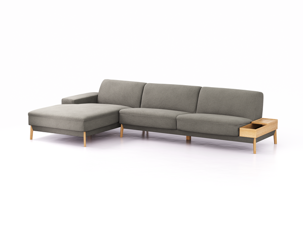 Lounge-Sofa Alani Liegeteil inkl. fixer Armlehne links, 179x340x82 cm, Sitzhöhe 44 cm, Eiche, mit Bezug Wollstoff Elverum Mocca