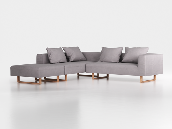 Ecksofa Sereno, 276 x 276 cm, inkl. 4 Kissen (70 x 55 cm), Liegeteil links, Kufenfuß, mit Bezug Wollstoff Stavang Kiesel (62), Eiche