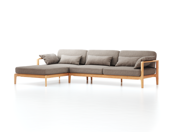 Loungesofa Linera, breit mit Liegeteil links, Wollstoff Tano Natur (79), Buche