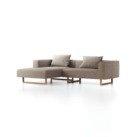 Lounge-Sofa Sereno inkl. 2 Kissen (70x55 cm), B 267 x T 180 cm, Liegeteil links, Kufenfuß, mit Bezug Wollstoff Tano Natur (79), Eiche