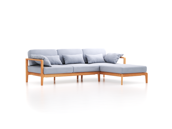 Loungesofa Linera, schmal mit Liegeteil rechts, Wollstoff Elverum Blaugrau (83), Buche