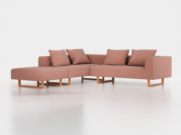 Ecksofa Sereno, 276 x 276 cm, inkl. 4 Kissen (70 x 55 cm), Liegeteil links, Kufenfuß, mit Bezug Wollstoff Elverum Ziegel (85), Buche