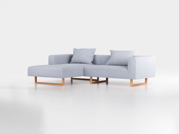 Lounge-Sofa Sereno inkl. 2 Kissen (70x55 cm), B 267 x T 180 cm, Liegeteil links, Kufenfuß, mit Bezug Wollstoff Elverum Blaugrau (83), Buche