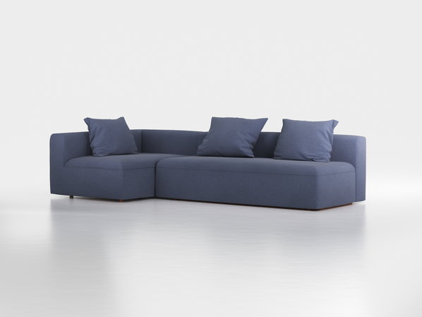 Ecksofa Sereno mit Schlaffunktion inkl. 3 Kissen (70x55 cm), Bodennah, B 300 x T 150 cm, Eckteil links, mit Bezug Wollstoff Elverum Ozean (75), Buche