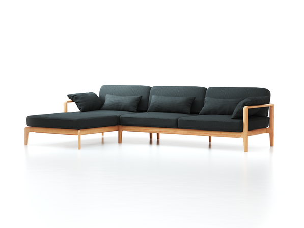 Loungesofa Linera, breit mit Liegeteil links, Wollstoff Stavang Schiefer (60), Buche