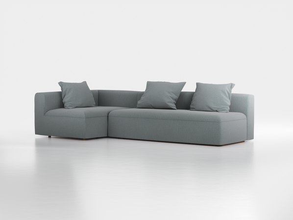 Ecksofa Sereno mit Schlaffunktion inkl. 3 Kissen (70x55 cm), Bodennah, B 300 x T 150 cm, Eckteil links, mit Bezug Wollstoff Elverum Torfblau (82), Buche