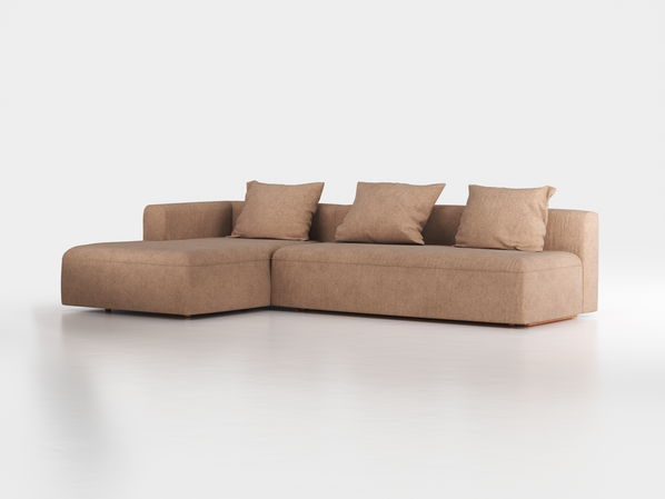 Lounge-Sofa Sereno mit Schlaffunktion inkl. 3 Kissen (70x55 cm), B 320,5 x T 180 cm, Bodennah, Liegeteil links, mit Bezug Wollstoff Stavang Haselnuss (65), Buche