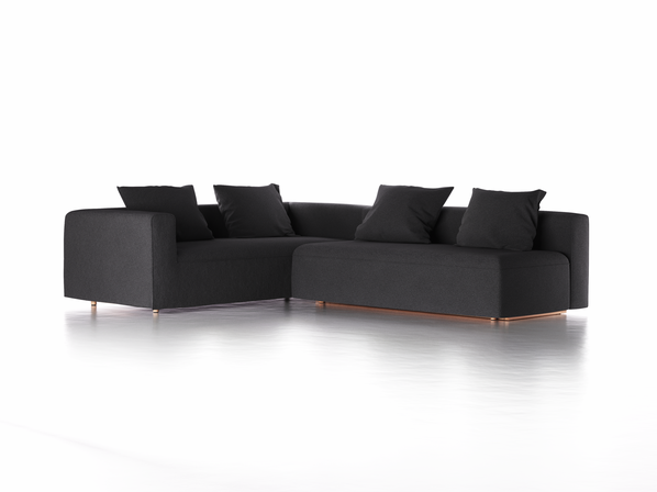 Ecksofa Sereno mit Schlaffunktion inkl. 4 Kissen (70x55 cm), B 300 x T 235 cm, Bodennah, Eckteil links, mit Bezug Wollstoff Kaland Schiefer (67), Buche