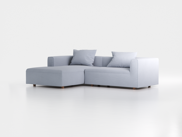 Lounge-Sofa Sereno  inkl. 2 Kissen (70x55 cm), B 267 x T 180 cm, Liegeteil links, Bodennah, mit Bezug Wollstoff Elverum Blaugrau (83), Eiche