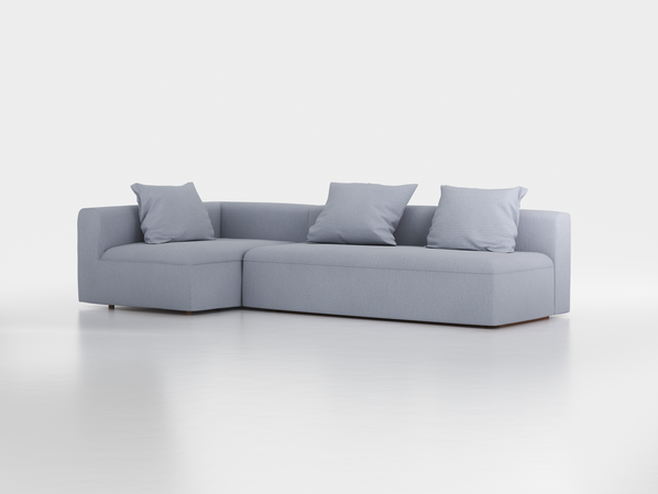 Ecksofa Sereno mit Schlaffunktion inkl. 3 Kissen (70x55 cm), Bodennah, B 300 x T 150 cm, Eckteil links, mit Bezug Wollstoff Elverum Blaugrau (83), Buche