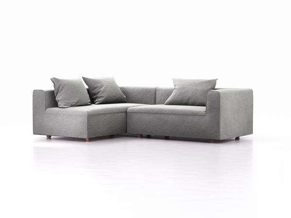 Ecksofa Sereno, bodennah, B246xT180xH71 cm, Sitzhöhe 43 cm, mit Liegeteil links, inkl. 3 Kissen (70x55 cm), Buche, Wollstoff Kaland Kiesel