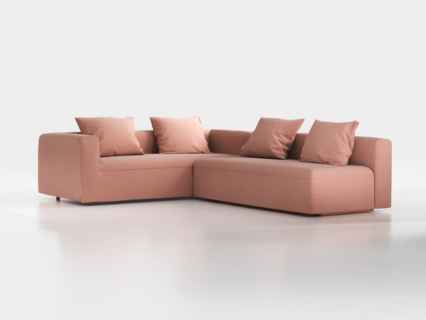 Ecksofa Sereno mit Schlaffunktion inkl. 4 Kissen (70x55 cm), B 300 x T 235 cm, Bodennah, Eckteil links, mit Bezug Wollstoff Elverum Ziegel (85), Buche