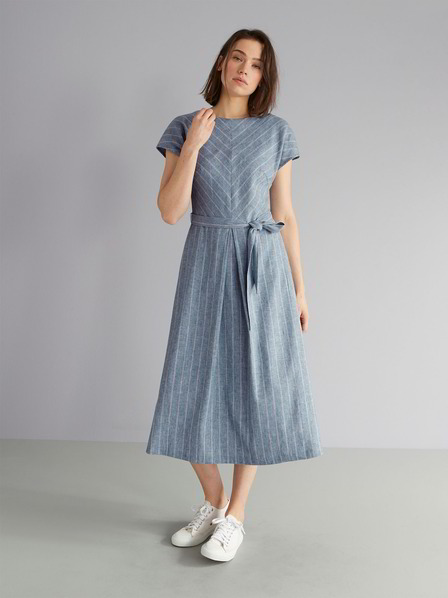Kleid-Leinenstretch, vertikal streifen taubenblau