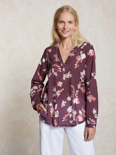 Bluse-Langarm, blumendruck pflaume