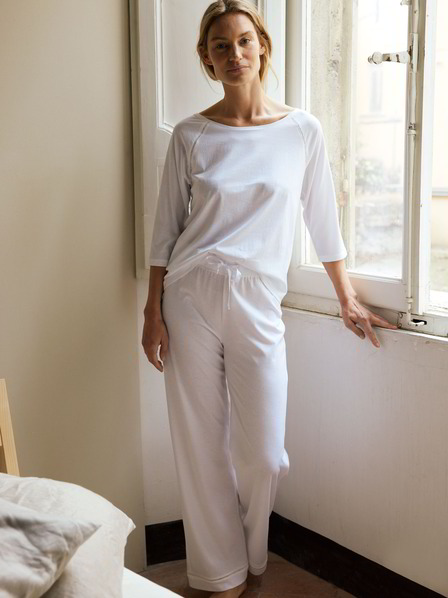 Schlafshirt Langarm, weiss & Schlafhose, weiß