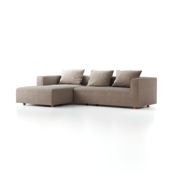 Lounge-Sofa Sereno inkl. 3 Kissen (70x55 cm), B 297 x T 180 cm, Liegeteil links, Bodennah, mit Bezug Wollstoff Tano Natur (79), Buche