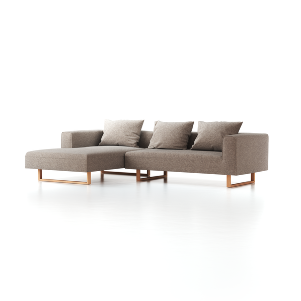 Lounge-Sofa Sereno inkl. 3 Kissen (70x55 cm), B 297 x T 180 cm, Liegeteil links, Kufenfuß, mit Bezug Wollstoff Tano Natur (79), Buche