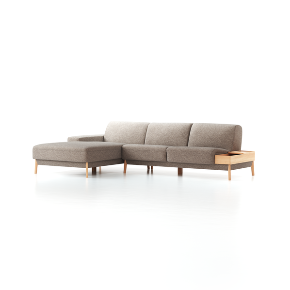 Lounge-Sofa Alani, Liegeteil links, B 300 x T 179 cm, Sitzhöhe in cm 44, mit Bezug Wollstoff Tano Natur (79), Buche