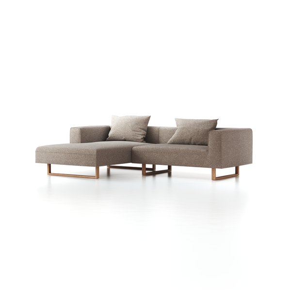 Lounge-Sofa Sereno inkl. 2 Kissen (70x55 cm), B 267 x T 180 cm, Liegeteil links, Kufenfuß, mit Bezug Wollstoff Tano Natur (79), Eiche