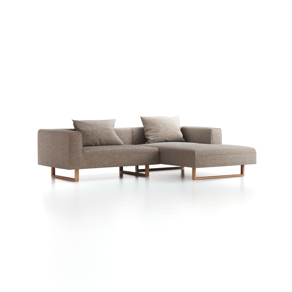 Lounge-Sofa Sereno inkl. 2 Kissen (70x55 cm), B 267 x T 180 cm, Liegeteil rechts, Kufenfuß, mit Bezug Wollstoff Tano Natur (79), Eiche