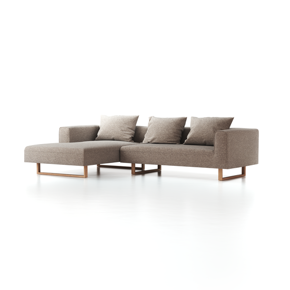 Lounge-Sofa Sereno inkl. 3 Kissen (70x55 cm), B 297 x T 180 cm, Liegeteil links, Kufenfuß, mit Bezug Wollstoff Tano Natur (79), Eiche