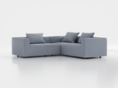 Ecksofa Sereno inkl. 3 Kissen (70x55 cm), Eckteil rechts, B 246 x T 235 cm, Bodennah, mit Bezug Wollstoff Elverum Blaugrau (83), Eiche