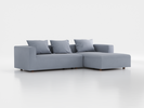 Lounge-Sofa  Sereno inkl. 3 Kissen (70x55 cm), B 297 x T 180 cm, Liegeteil rechts, Bodennah, mit Bezug Wollstoff Elverum Blaugrau (83), Eiche
