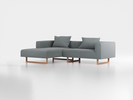 Lounge-Sofa Sereno inkl. 2 Kissen (70x55 cm), B 267 x T 180 cm, Liegeteil links, Kufenfuß, mit Bezug Wollstoff Elverum Grüngrau (84), Eiche