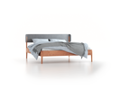 Bett Alwy mit Polsterbetthaupt, 180 x 200 cm, Wollstoff Elverum Ozean (75), Kernbuche