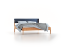 Bett Alwy mit Polsterbetthaupt, 180 x 200 cm, Wollstoff Elverum Ozean (75), Buche