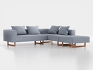 Ecksofa Sereno, 276 x 276 cm, inkl. 4 Kissen (70 x 55 cm), Liegeteil rechts, Kufenfuß, mit Bezug Wollstoff Elverum Blaugrau (83), Buche