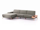 Lounge-Sofa Alani Liegeteil inkl. fixer Armlehne links, 179x300x82 cm, Sitzhöhe 44 cm, Buche, mit Bezug Wollstoff Elverum Mocca