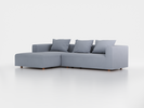 Lounge-Sofa Sereno inkl. 3 Kissen (70x55 cm), B 297 x T 180 cm, Liegeteil links, Bodennah, mit Bezug Wollstoff Elverum Blaugrau (83), Buche